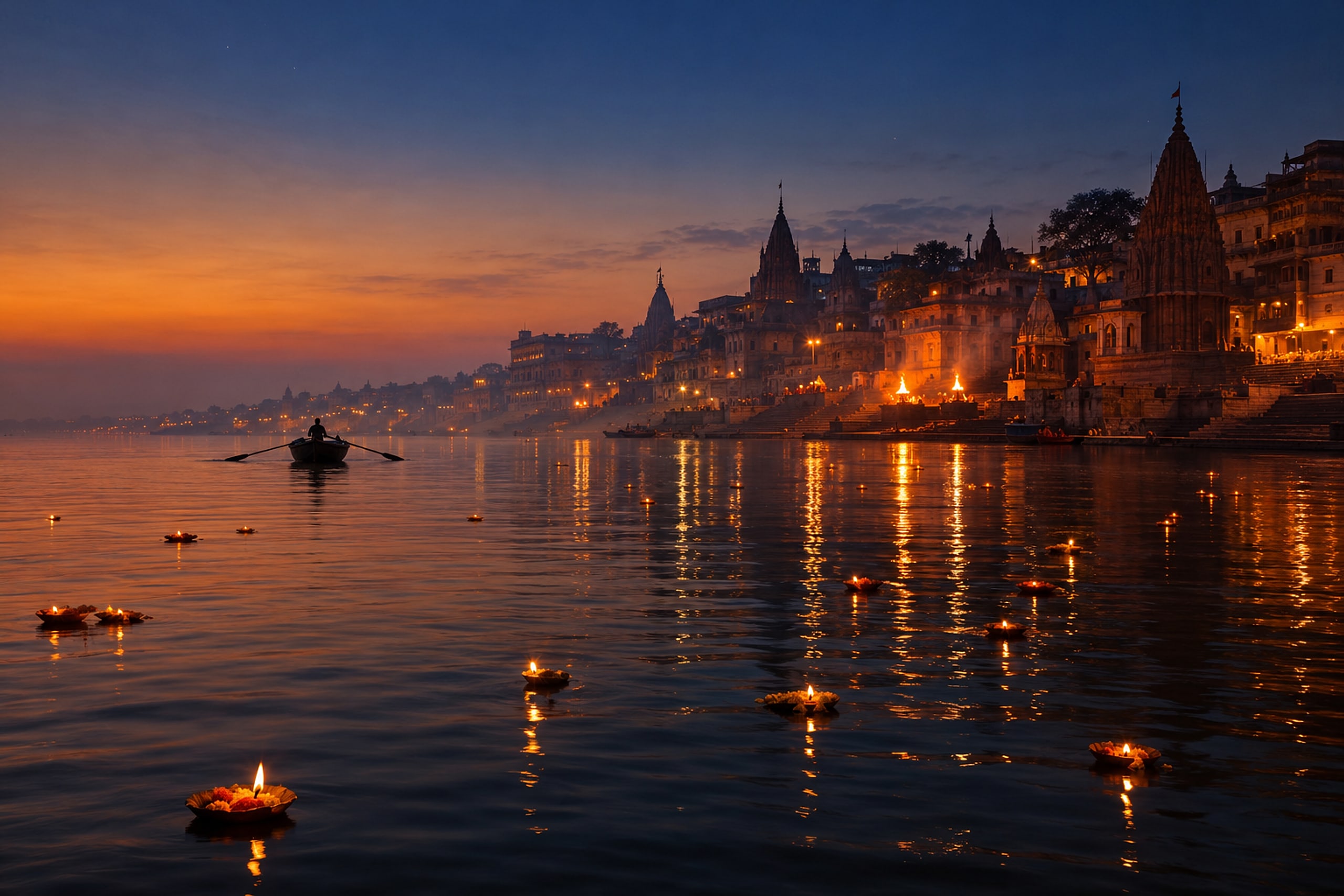 Floating diyas drifting on the Ganges at dusk beneath the lamp-lit temples and ghats of Varanasi